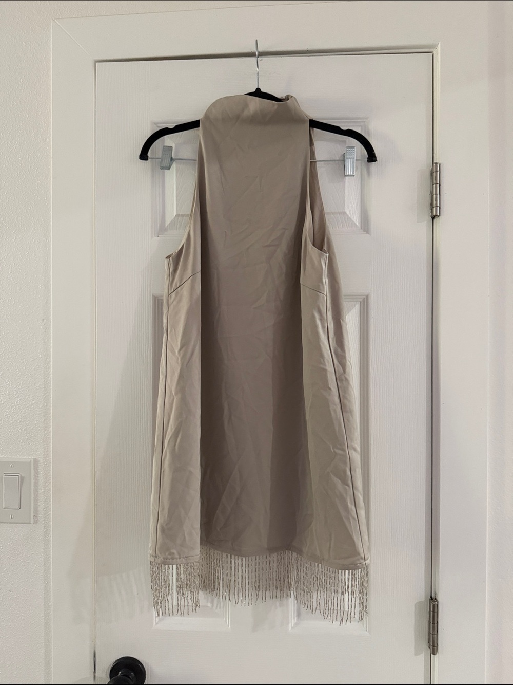 Sleeveless Beige Mini Dress with Fringe Hem
